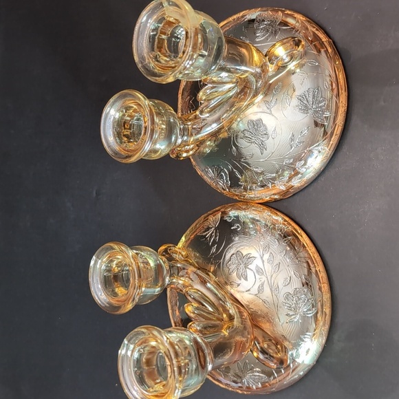 VTG,1950s Pair of Janette Glass Flora-Gold Candle Holders. - Picture 9 of 11